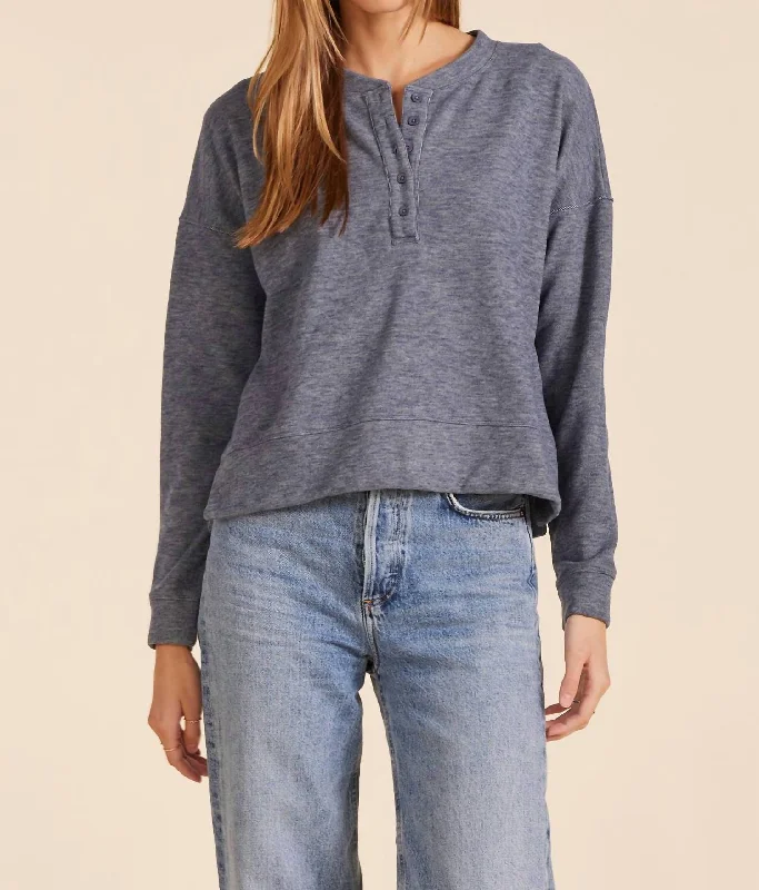 Boxy Henley Sweatshirt In Blue Hoodie with Toggle Buttons Decorative Unique