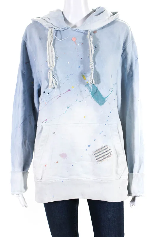 Camp Isidro Womens Distressed Paint Splatter Hoodie Sweatshirt Light Blue Medium Hoodie with Double Zipper Versatile Adjustable