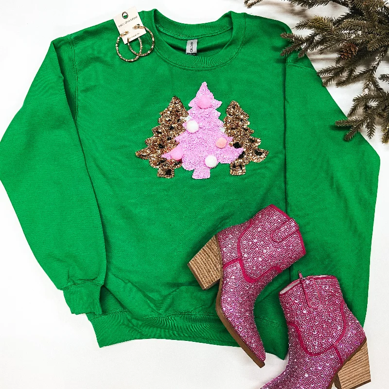 All I Want For Christmas Sequin Christmas Tree Graphic Sweatshirt in Green Hoodie with Hem Patch Decorative Personalized