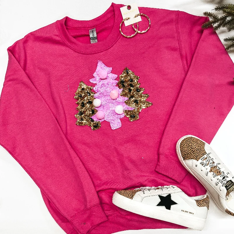 All I Want For Christmas Sequin Christmas Tree Graphic Sweatshirt in Pink Hoodie with Hem Embroidery Detailed Premium