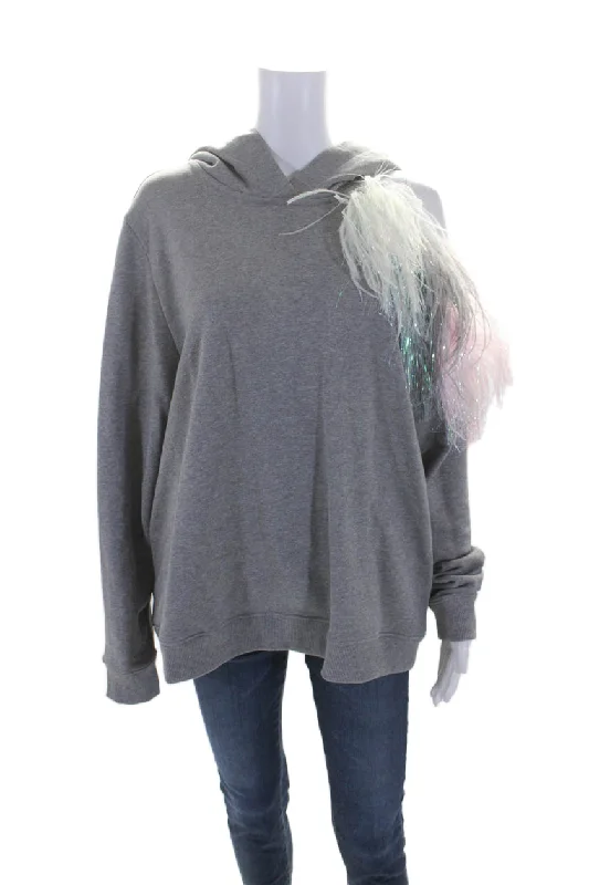 Christopher Kane Womens Cotton Hooded Ostrich Feather Trim Hoodie Gray Hoodie with Hem Lace Feminine Delicate