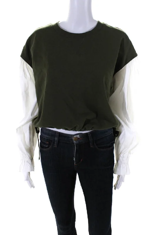 Cinq à Sept Womens Olive Green Cotton Long Sleeve Sweatshirt Blouse Top Hoodie with Full-Zip Functional Layering