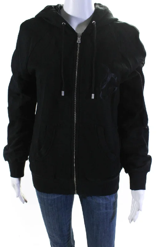 Dolce & Gabbana Womens Cotton Fleece Initial Patch Full Zip Hoodie Black Hoodie with Velcro Closure Adjustable Secure