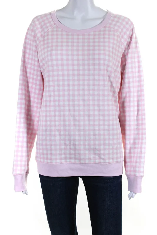 Draper James Womens Pink Cotton Gingham Crew Neck Pullover Sweatshirt Hoodie with Exposed Zipper Edgy Industrial