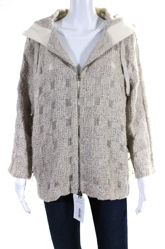Herno Womens Unlined Knit Drawstring Long Sleeve Zip Up Hoodie Beige Hoodie with Hem Applique Textured Unique