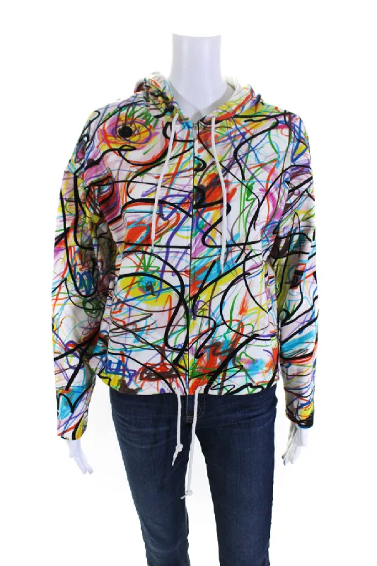 Jeremy Scott Womens Multicolor Graffiti Print Full Zip Long Sleeve Hoodie Hoodie with Hidden Zipper Minimalist Clean