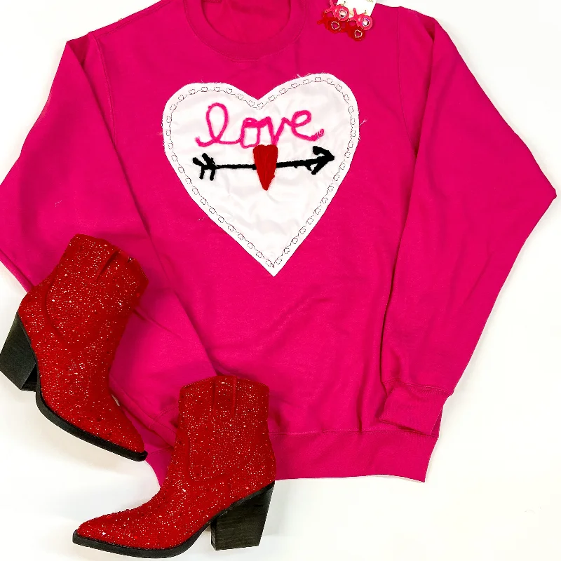 Love Patch Heart long Sleeve Graphic Sweatshirt in Hot Pink Hoodie with Button Classic Timeless