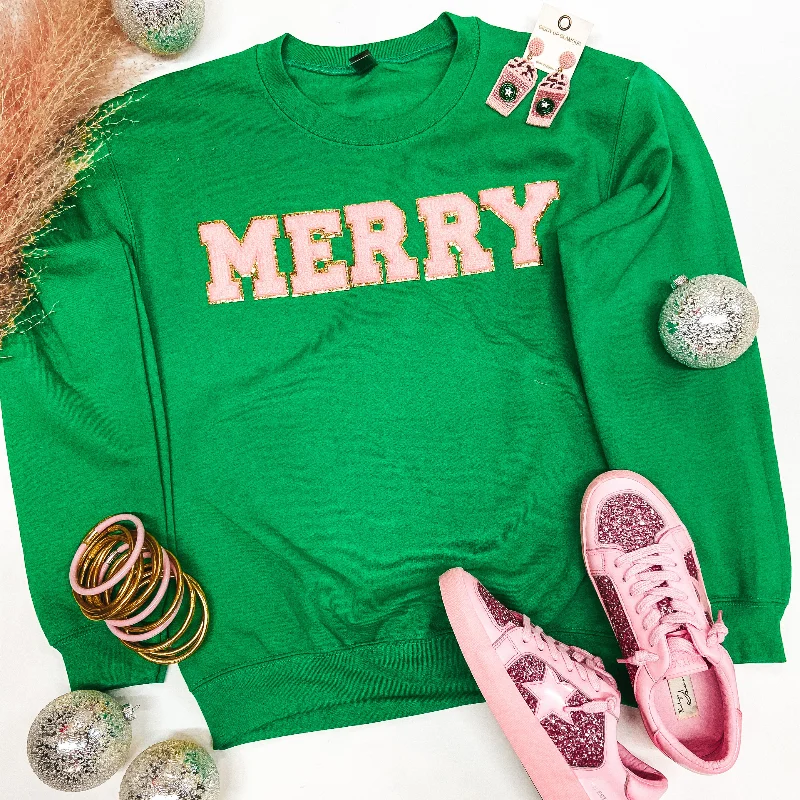 Merry Chenille Letter Graphic Sweatshirt with Long Sleeves in Green Hooded Sweatshirt Casual Wear Street Style