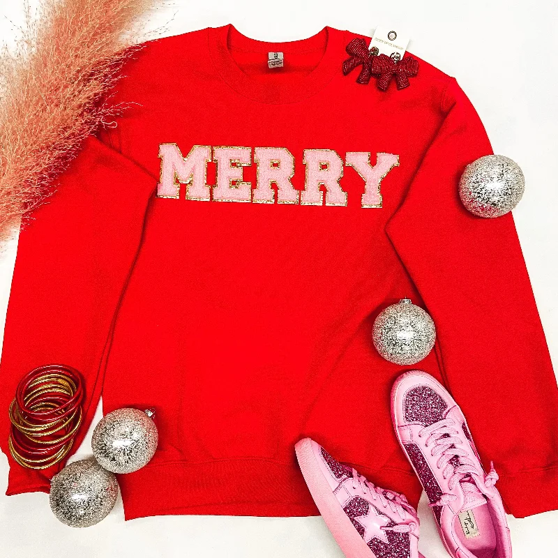 Merry Chenille Letter Graphic Sweatshirt with Long Sleeves in Red Graphic Hoodie Design Print