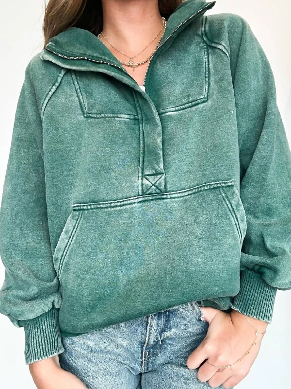 Mineral Wash Oversized Hoodie In Green Hoodie with Button Placket Classic Preppy