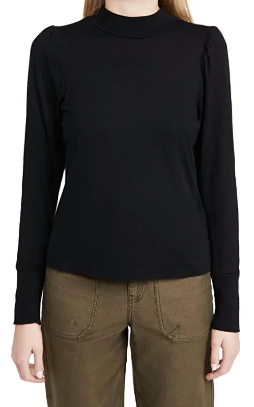 Mock Neck Shirred Sweatshirt In Black Hoodie with Print Artistic Unique