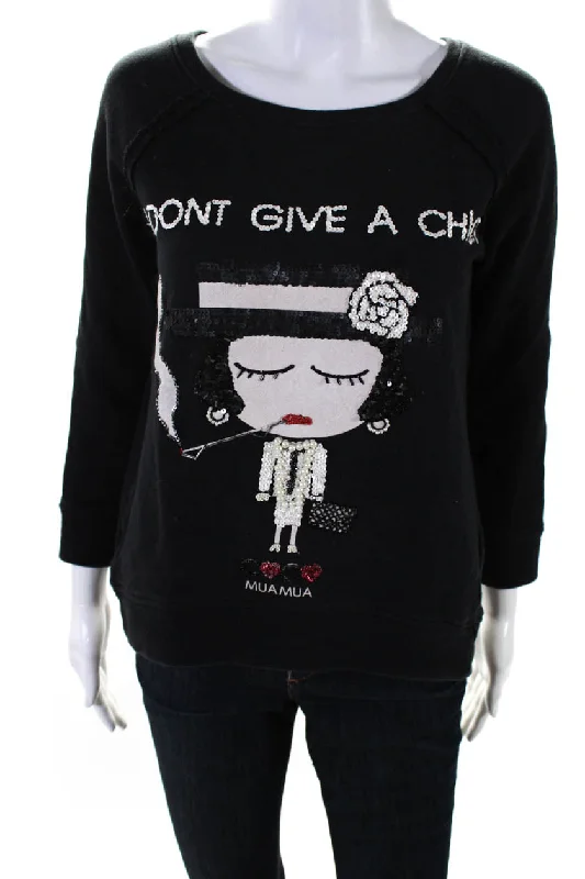 Mua Mua Dolls Womens Graphic Embroidered Sequined Beaded Sweatshirt Black Hoodie with Toggle Buttons Decorative Unique