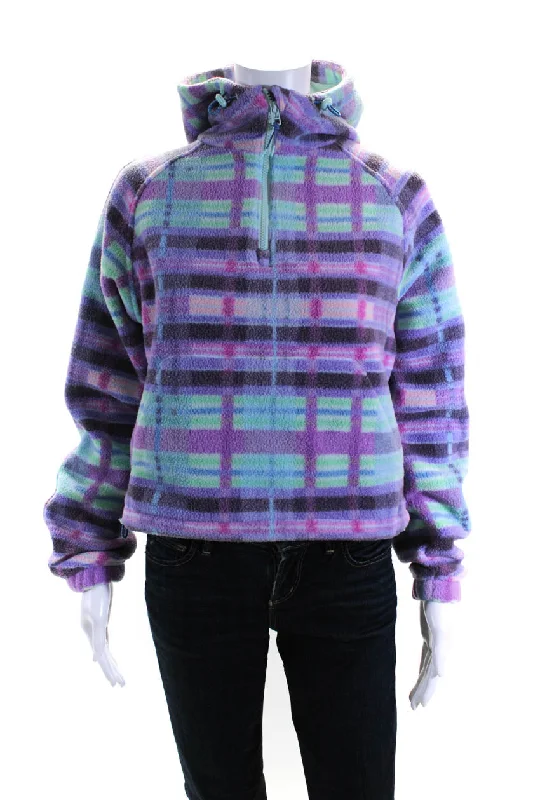 Outdoor Voices Womens Fleece Plaid Half Zipped Drawstring Hoodie Purple Hoodie with Tied Waist Feminine Flattering