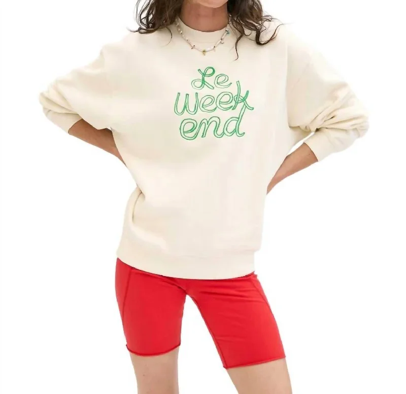 Oversized Le Weekend Sweatshirt In Cream W/ Green Embroidered Hoodie with Embroidery Detailed Premium