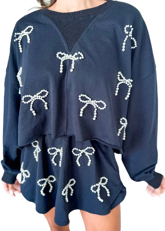 Pearl Bow Sweatshirt In Navy Hoodie with Ribbed Cuffs Snug Fit Comfort
