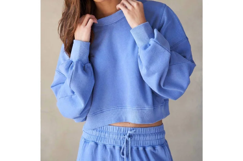 Remy Cropped Sweatshirt In Vintage Blue Hoodie with Raw Hem Edgy Unfinished