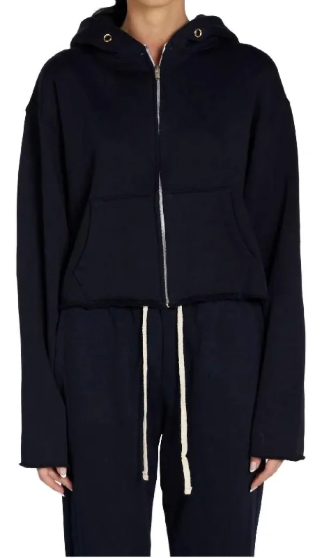 Rosa Raw Zip Hoodie In Navy Hoodie with Exposed Zipper Edgy Industrial