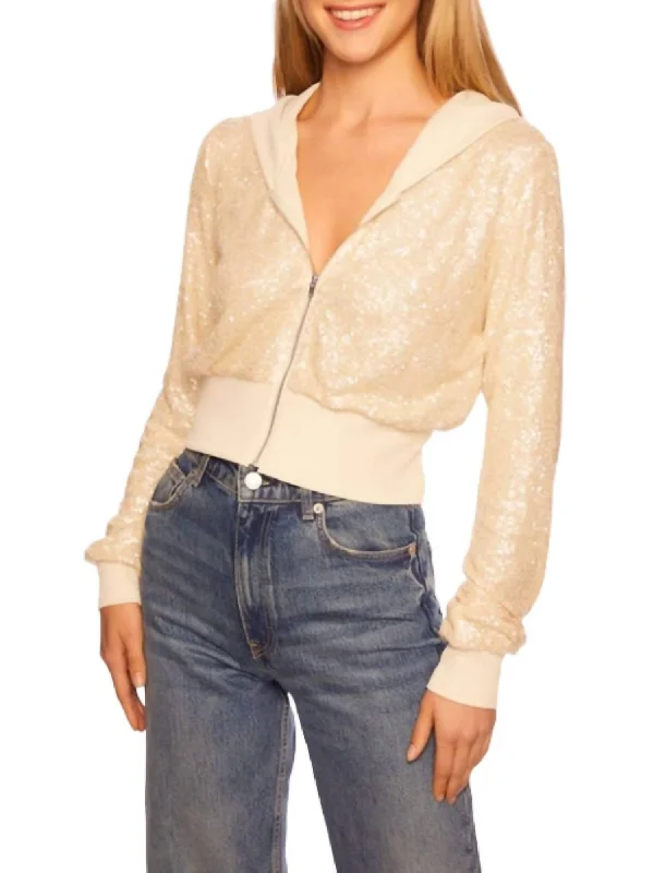 Sequin Hoodie In Belgian Crème Hoodie with Hem Applique Textured Unique