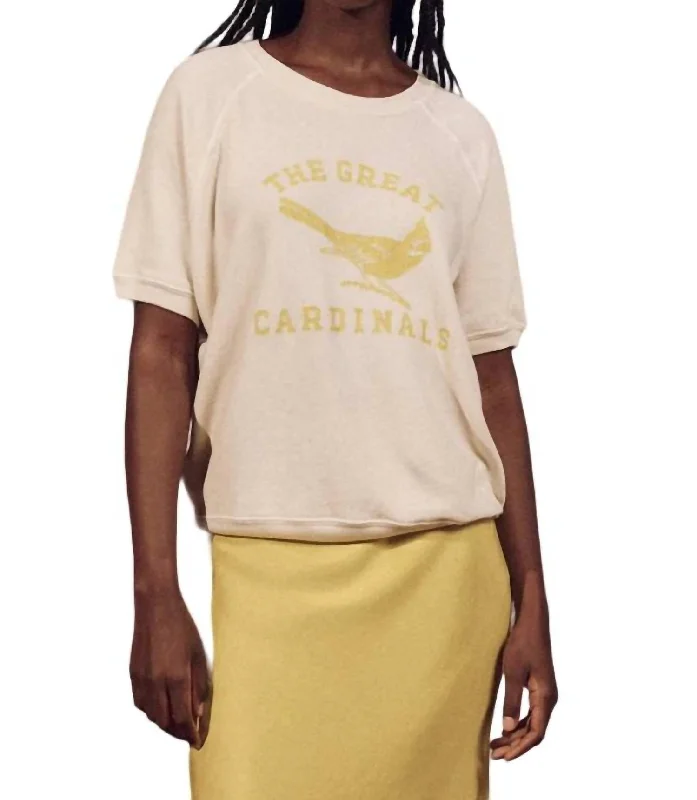 Short Sleeve Sweatshirt In Washed White With Perched Cardinal Graphic Hoodie with Neon Bright Vibrant