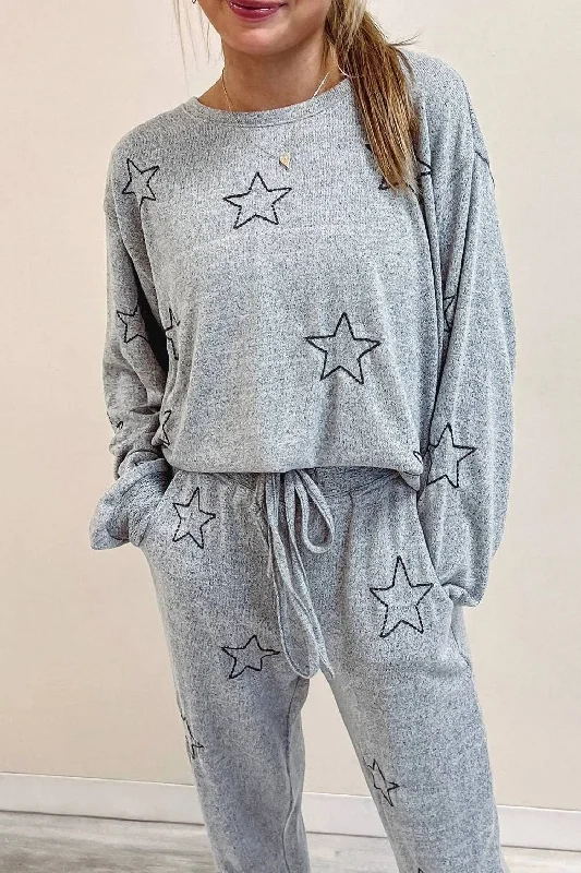 Star Sweatshirt In Heather Grey Hoodie with Stripes Bold Sporty