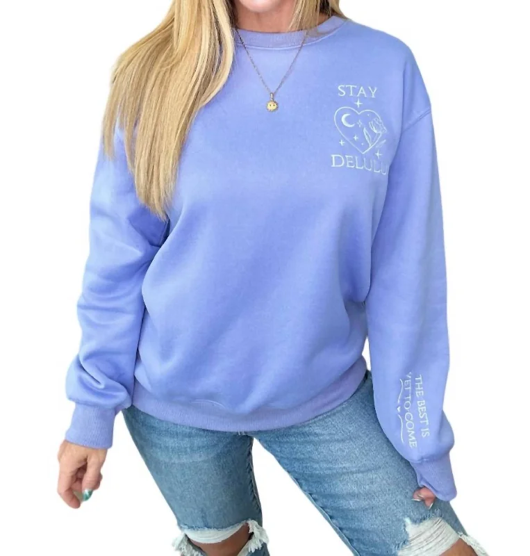 Stay Delulu Scuba Sweatshirt In Periwinkle Hoodie with Hem Lace Feminine Delicate