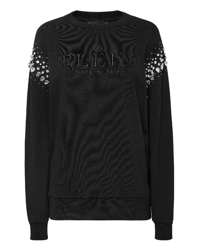 Sweatshirt LS Crystal Iconic Plein Hoodie with Frayed Bohemian Relaxed