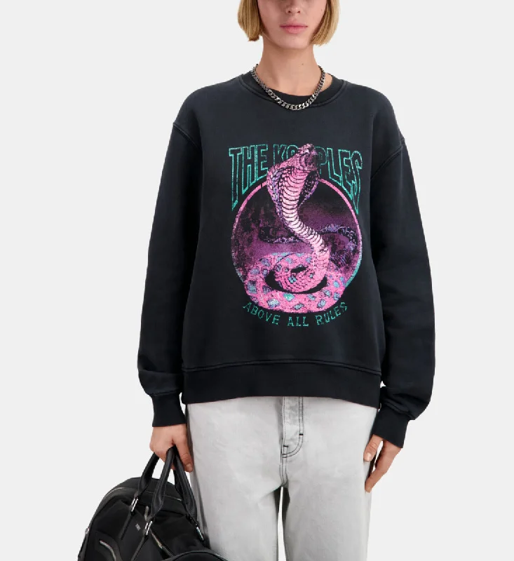 Sweatshirt With Cobra Serigraphy Hoodie with Slit Hem Functional Movement