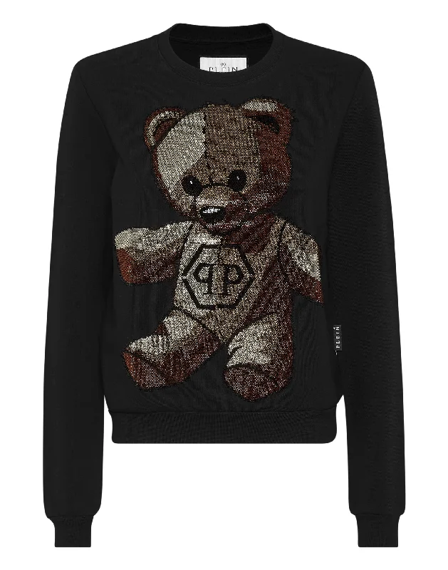 Sweatshirt with Crystals Teddy Bear Hoodie with Stripes Bold Sporty