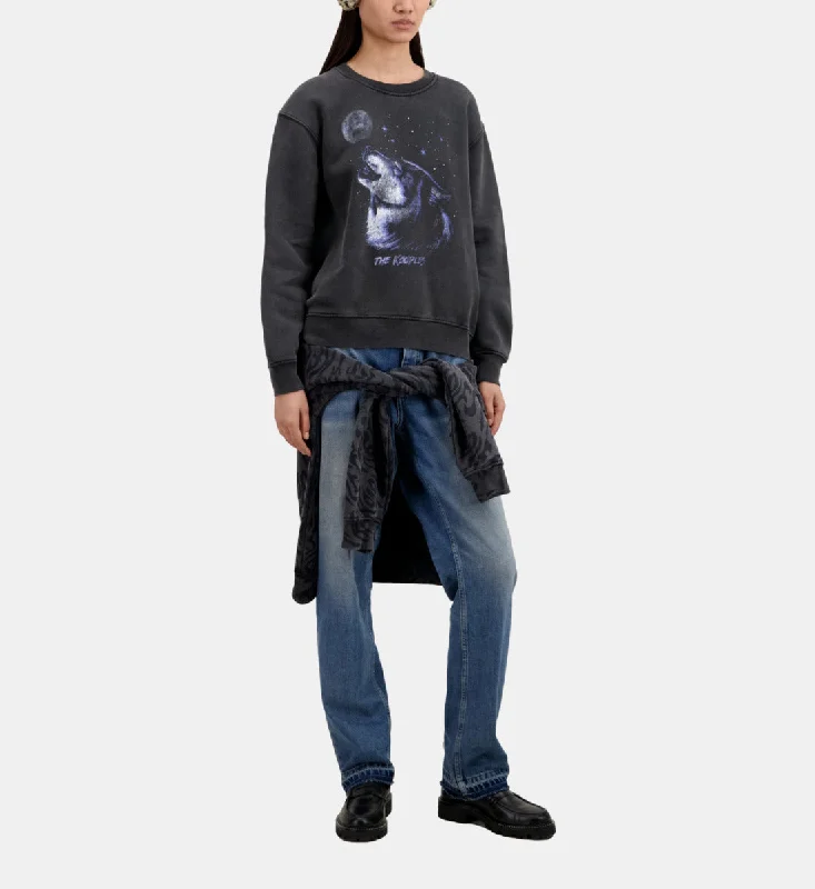Sweatshirt With Wolf Serigraphy Hoodie with Tied Waist Feminine Flattering