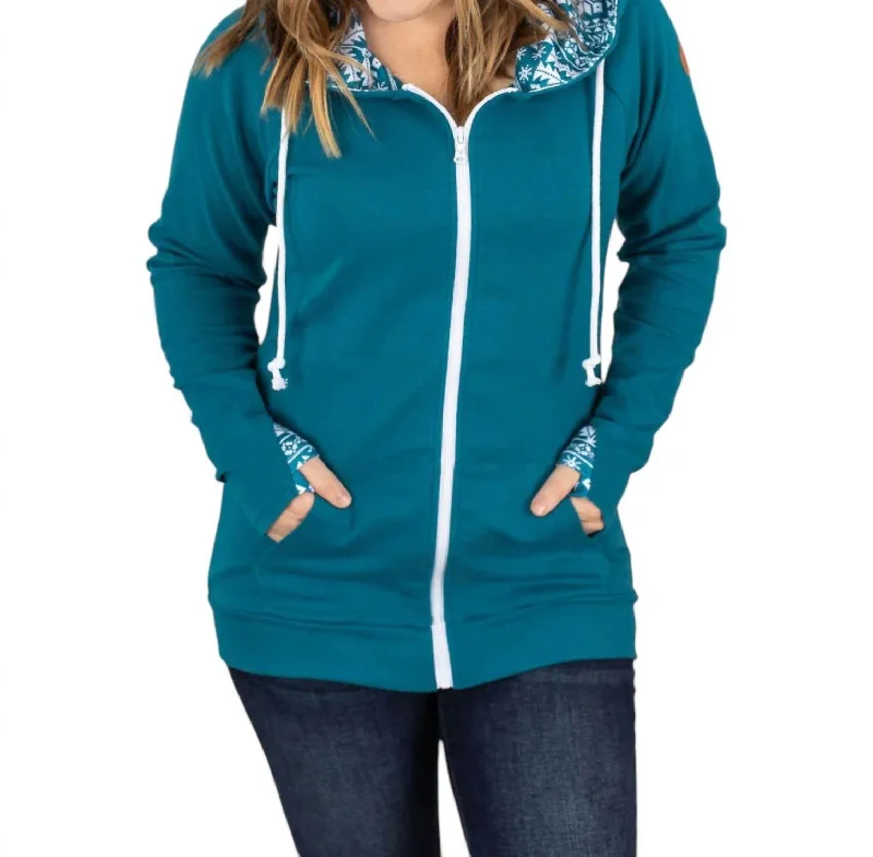 Winter Snowflake Full Zip Hoodie In Blue Green Zip Hoodie Drawstring Kangaroo Pocket