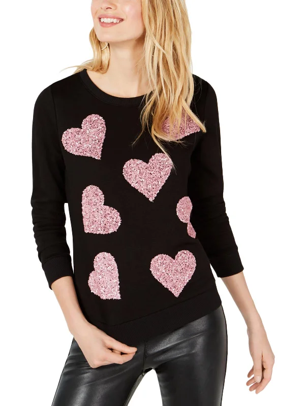Womens Embellished Ribbed Trim Sweatshirt Hoodie with Slit Hem Functional Movement