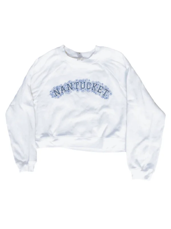 Women's Endless Summer Nantucket Crop Crew Sweatshirt In Vintage White - Blue Hoodie with Hem Drawcord Adjustable Customizable