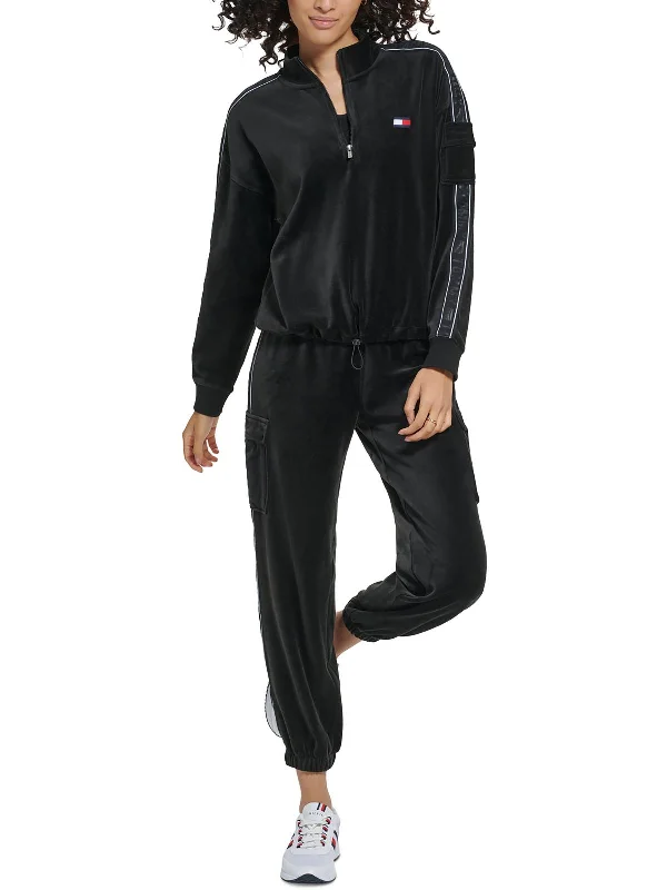 Womens Velour Sweatshirt 3/4 Zip Pullover Hoodie with High Neck Warm Protective