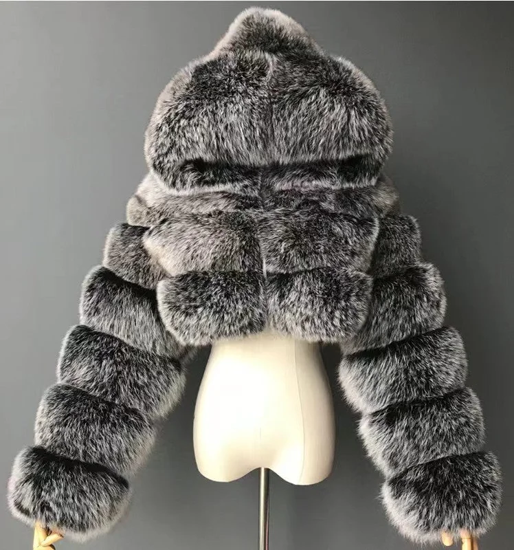 2022Long Sleeves Fashion Outerwear Winter Natural Furry Hooded Jacket Women Realfox Raccoon Fur Short Coat Anorak Shell Jacket Lightweight Jacket