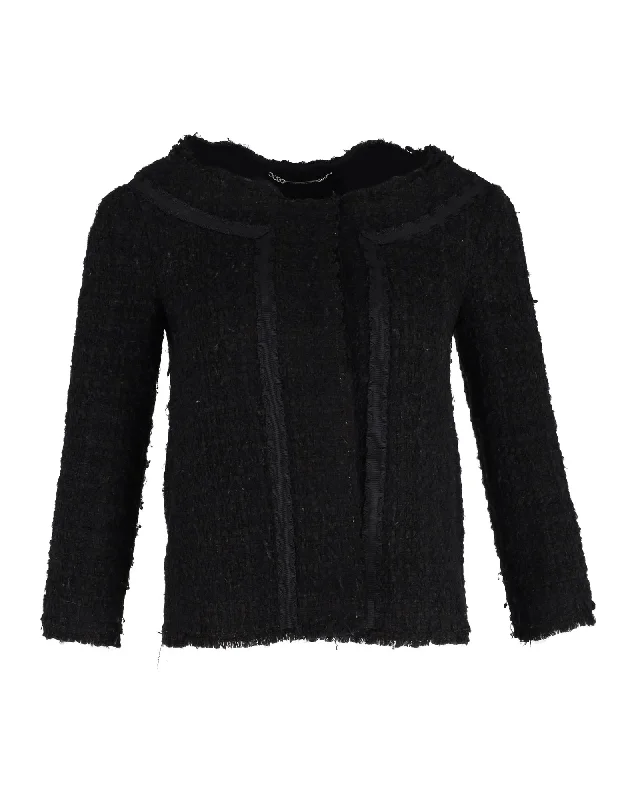 Alberta Ferretti Tweed Jacket in Black Wool Collared Jacket Crew Neck Jacket Turtle Neck Jacket