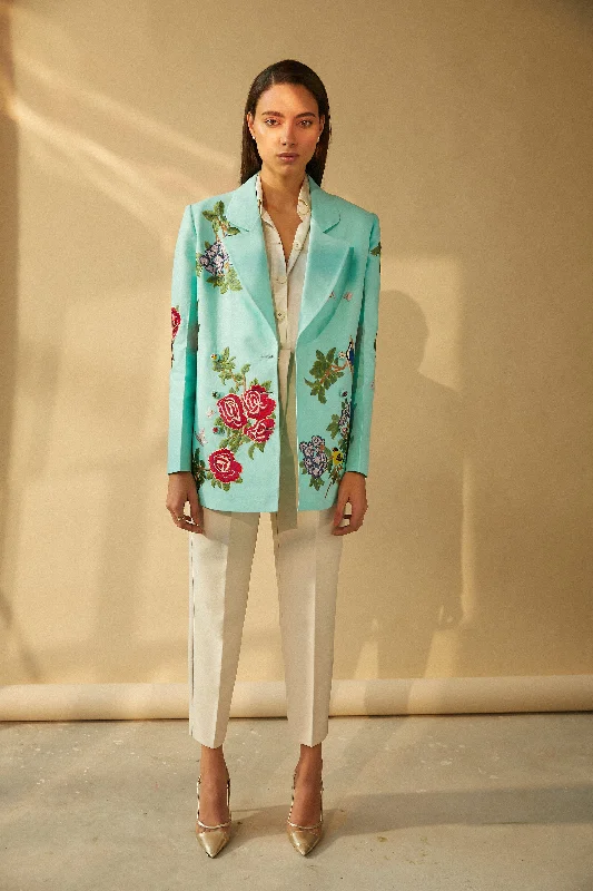 Aqua Box Jacket With Oriental Embroidery Herringbone Jacket Houndstooth Jacket Plaid Jacket