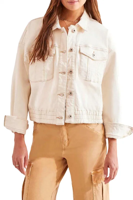 Casual Elastic Waist Jacket In Ecru Front Pockets Side Pockets Patch Pockets