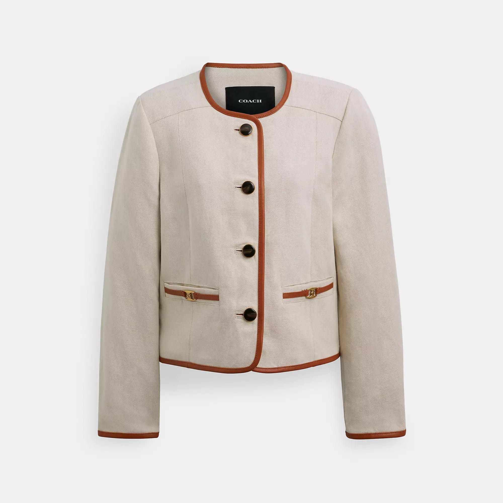 Coach Outlet Heritage C Canvas Cardigan Jacket With Leather Trim Zip Front Button Front Snap Front