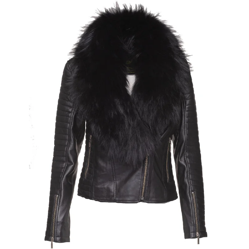 Amarah's Large Fur Shawl leather jacket with ribbed sleeve detailing Tiered Jacket Buttoned Jacket Zippered Jacket
