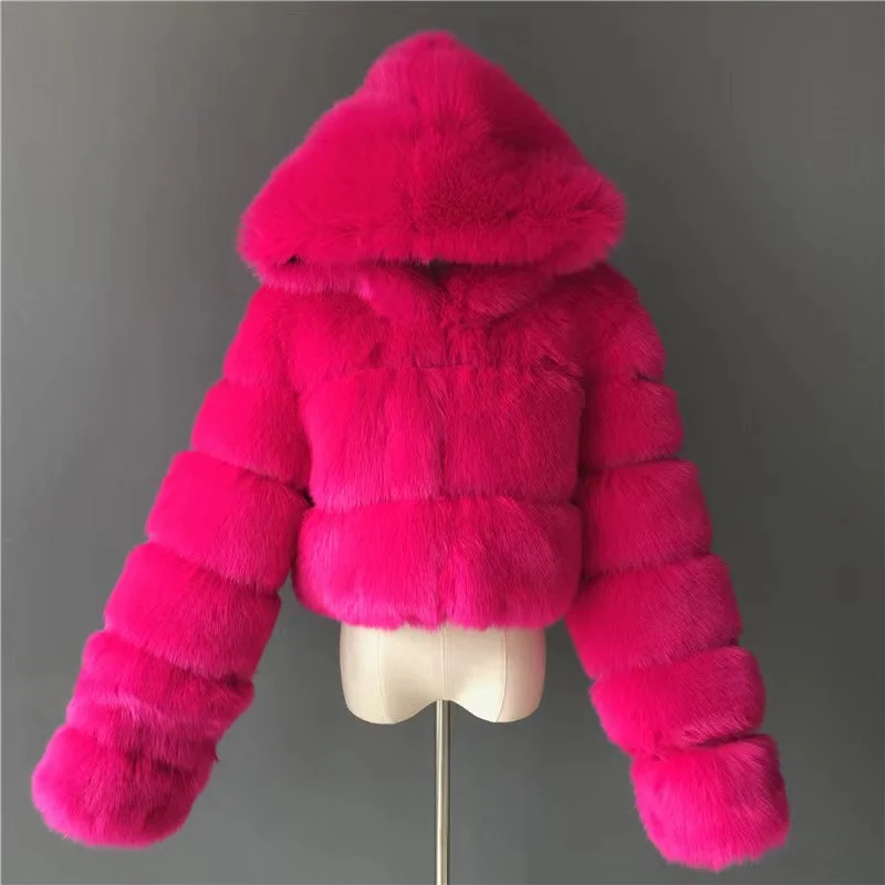 Cropped  Winter Coat Jacket Women Faux Fox Fur Coat with Hood Fashion Short Style Fake Fur Coat for Lady Satin Fabric Silk Fabric Chiffon Fabric
