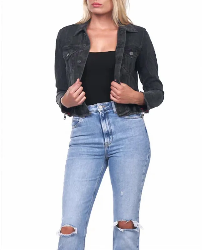 Denim Crop Jacket In Black Knit Fabric Woven Fabric Fleece Fabric