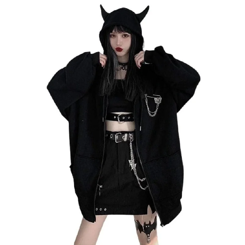 Devil Horn Zip Up Hooded Jacket: Gothic Rock Fashion Nylon Fabric Polyester Fabric Spandex Fabric