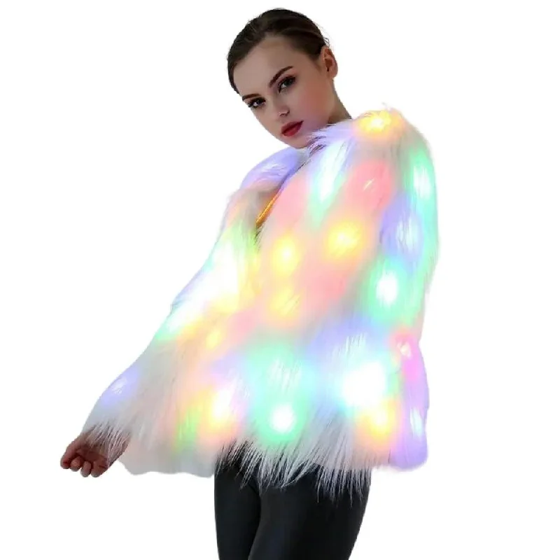 Faux Fur LED Light Up Party Coat: Up to 6XL Women's Festival, Clubbing, Party Jacket Hoodie Zip-Up Jacket Button-Up Jacket