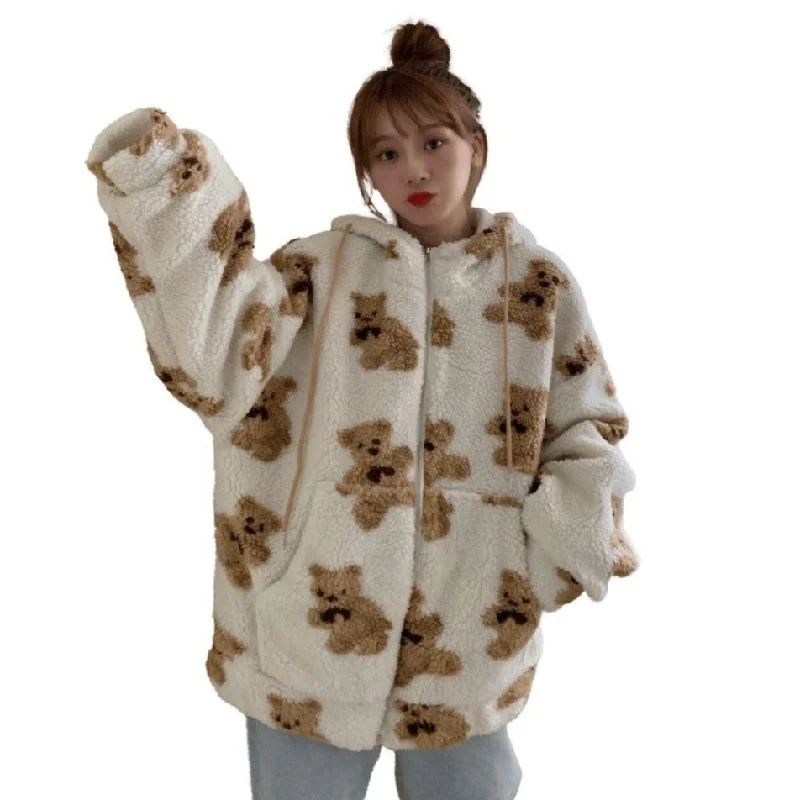 Girls Teddy Bear Zipped Fleece Fluffy Winter Women's Coat Cute Kawaii Cotton Rich Anime Cold Warm Thick Gift Teddy Jacket Welt Pockets Slit Pockets Flap Pockets