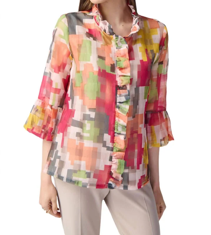 Geo Print Ruffled Jacket In Multi Chenille Jacket Brocade Jacket Lace Jacket