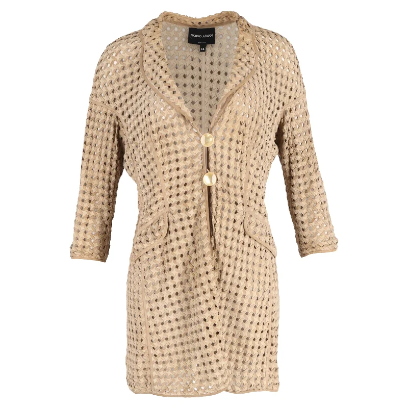 Giorgio Armani Eyelet Single-Breasted Jacket in Beige Leather Nylon Fabric Polyester Fabric Spandex Fabric
