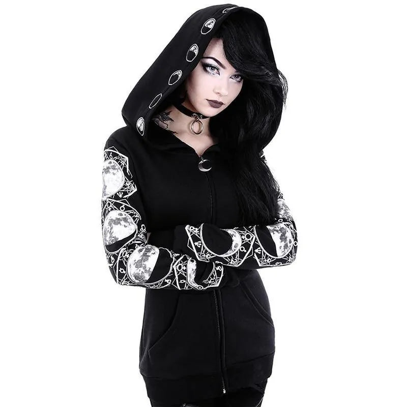 Moon Phase Gothic Punk Women's Jacket: Long Sleeve Rock Goth Fashion Faux Fur Jacket Real Fur Jacket Shearling Jacket