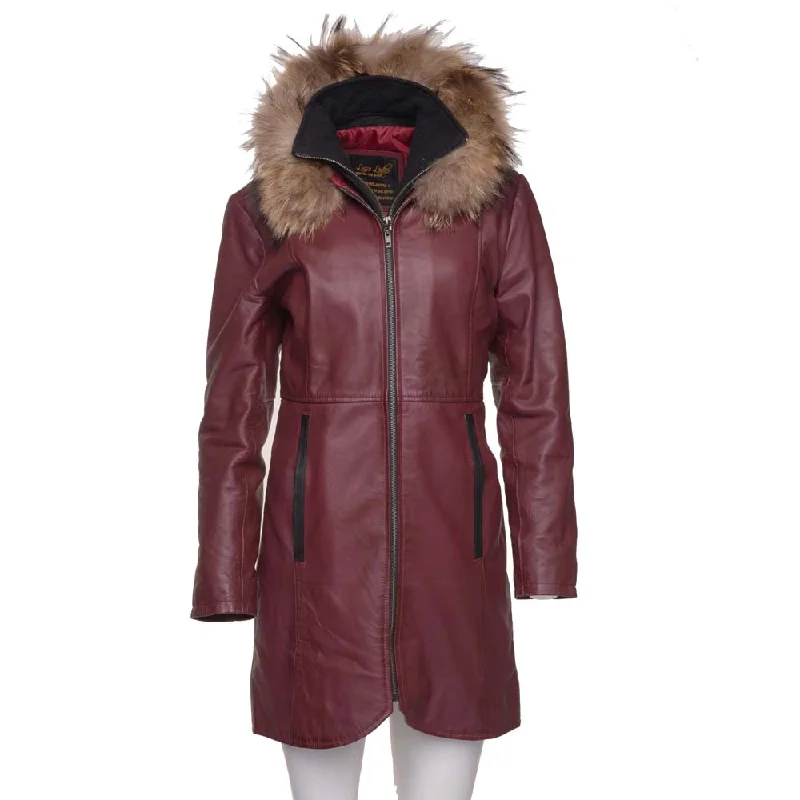 Hannah's Burgundy 3/4 length Double breasted leather jacket with real fox fur hoodie Hoodie Zip-Up Jacket Button-Up Jacket
