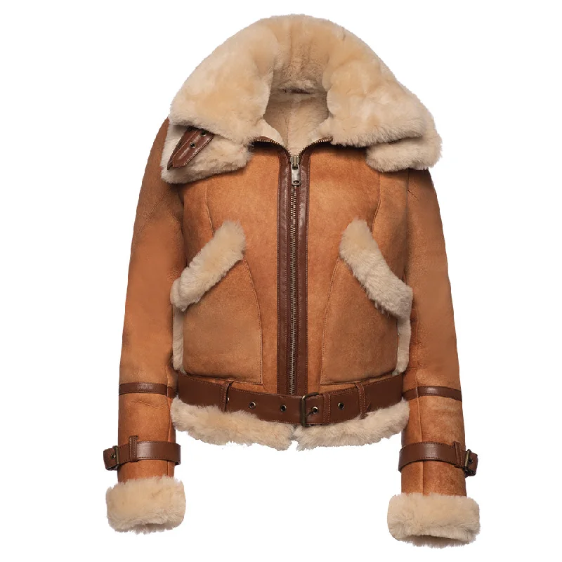 Kristy Vintage Cognac Womens Crop Shearling Bomber Jacket Elasticated Jacket Padded Jacket Insulated Jacket