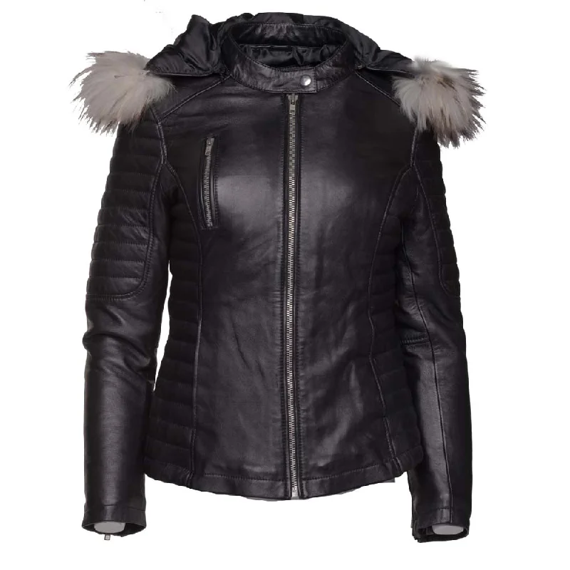Larissa's Black Leather Jacket with Hoodie and Fur Trim Fleece Jacket Down Jacket Feather Jacket
